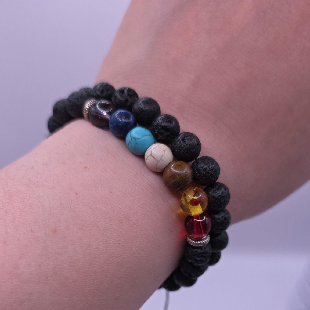 Lava Stone with Multicolor Gemstone & Glass Beaded Bracelet Set